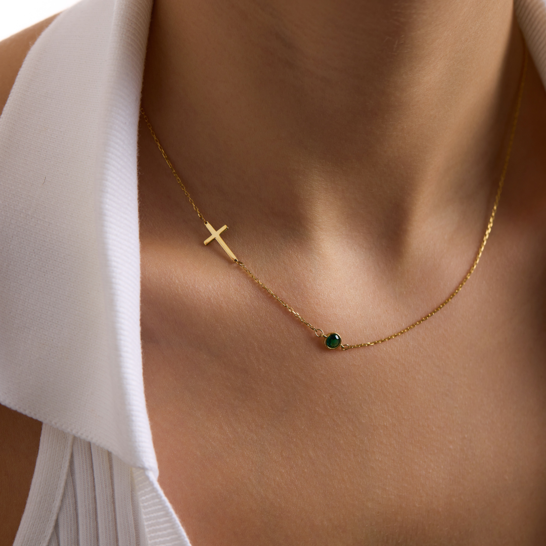 Sideways Cross Birthstone Necklace