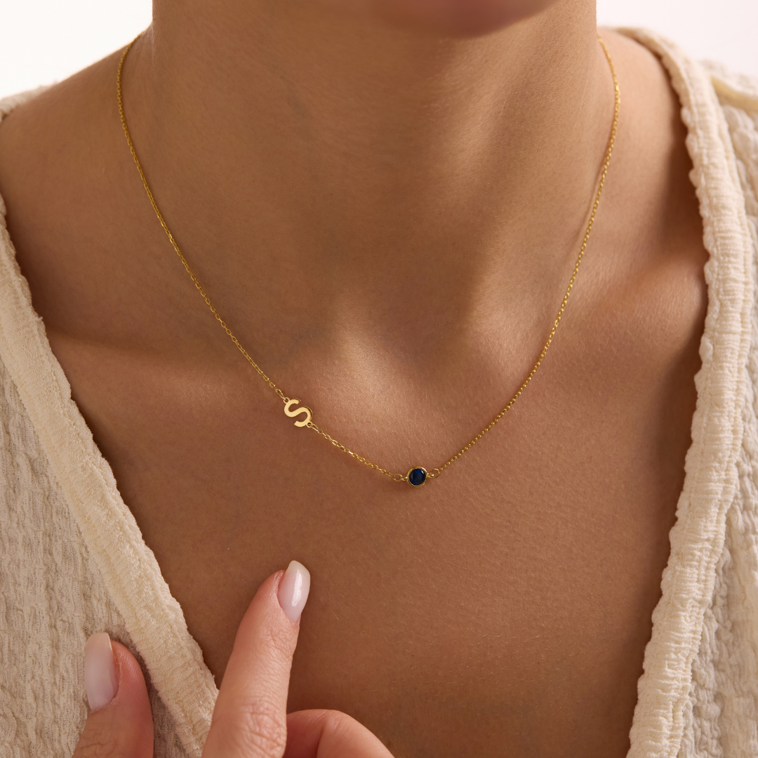 Sideways Initial Necklace with Birthtone