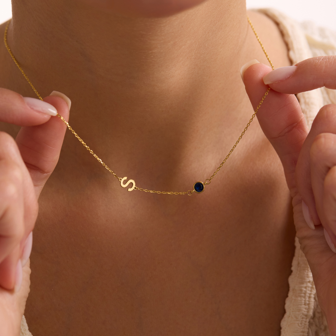 Sideways Initial Necklace with Birthtone