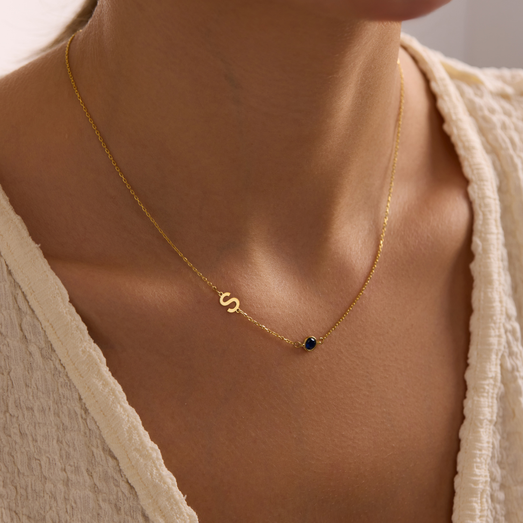 Sideways Initial Necklace with Birthtone