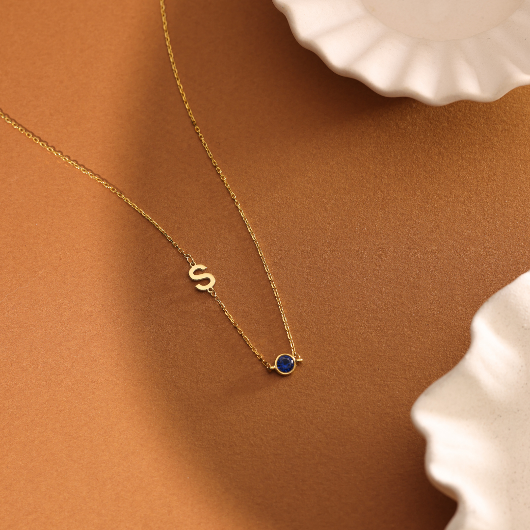 Sideways Initial Necklace with Birthtone