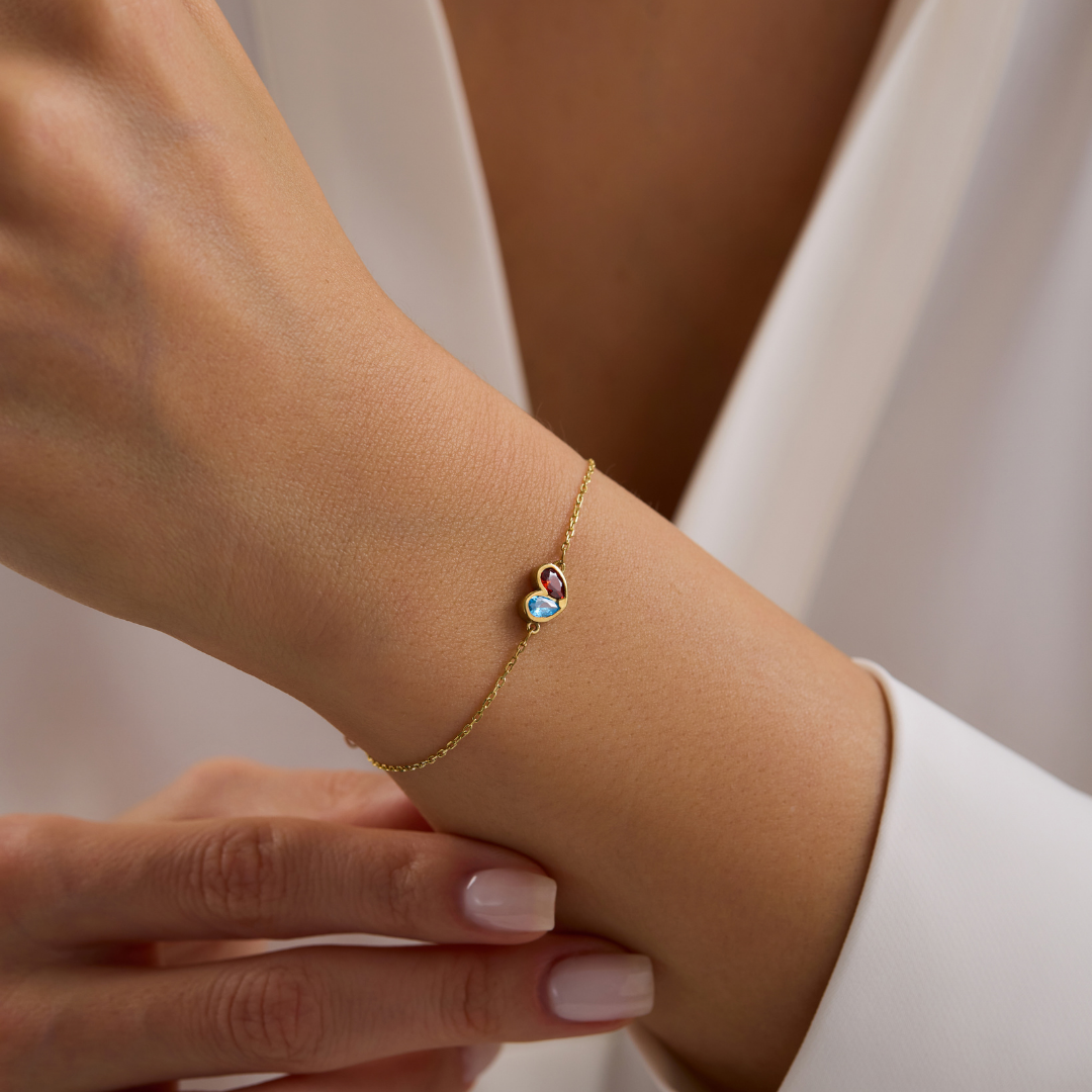 Two Birthstone Heart Pendant Bracelet for Mom