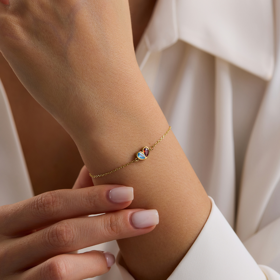 Two Birthstone Heart Pendant Bracelet for Mom