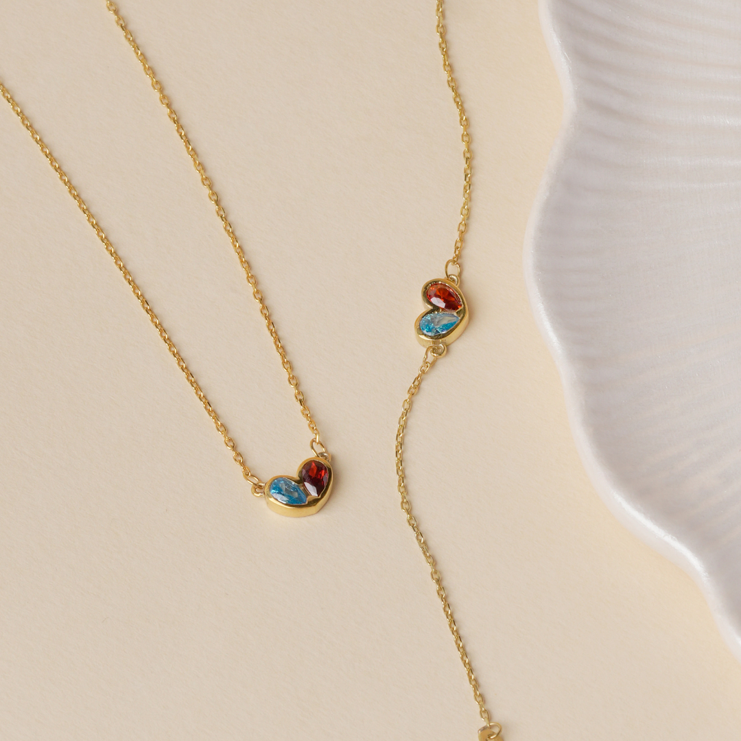 Two Birthstone Heart Pendant Bracelet for Mom