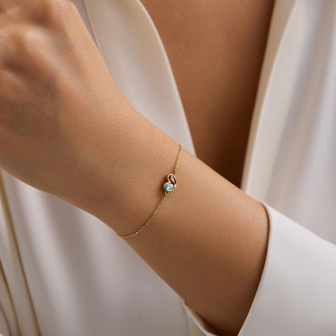 Two Birthstone Heart Pendant Bracelet for Mom