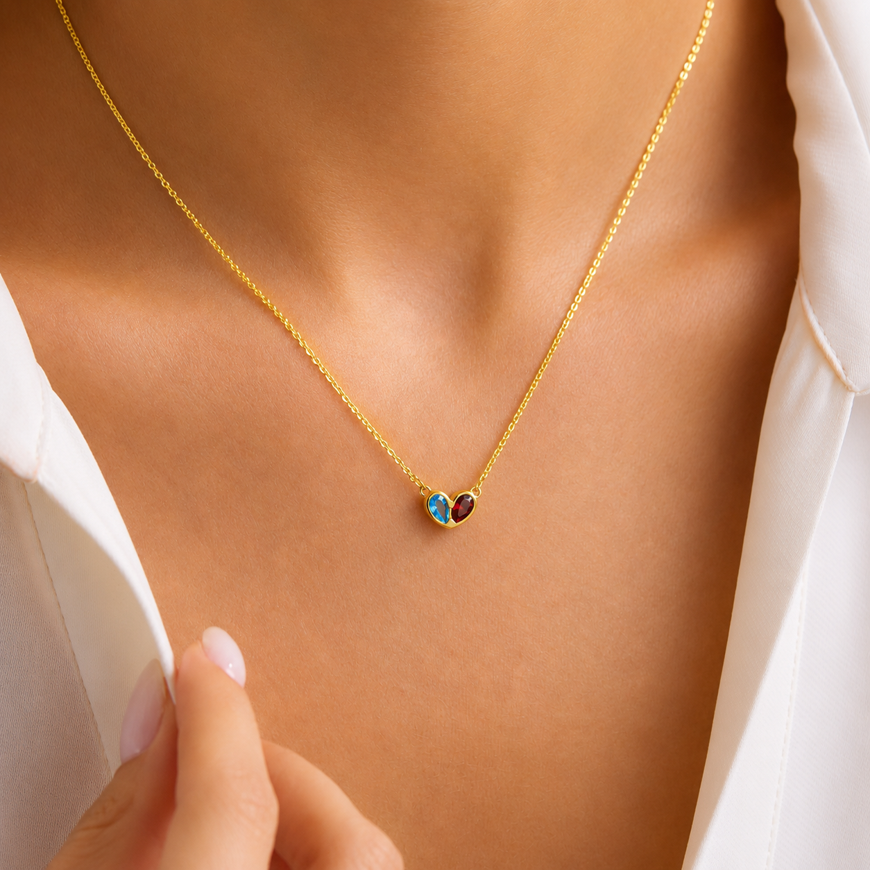 Two Birthstone Heart Pendant Necklace for Mom