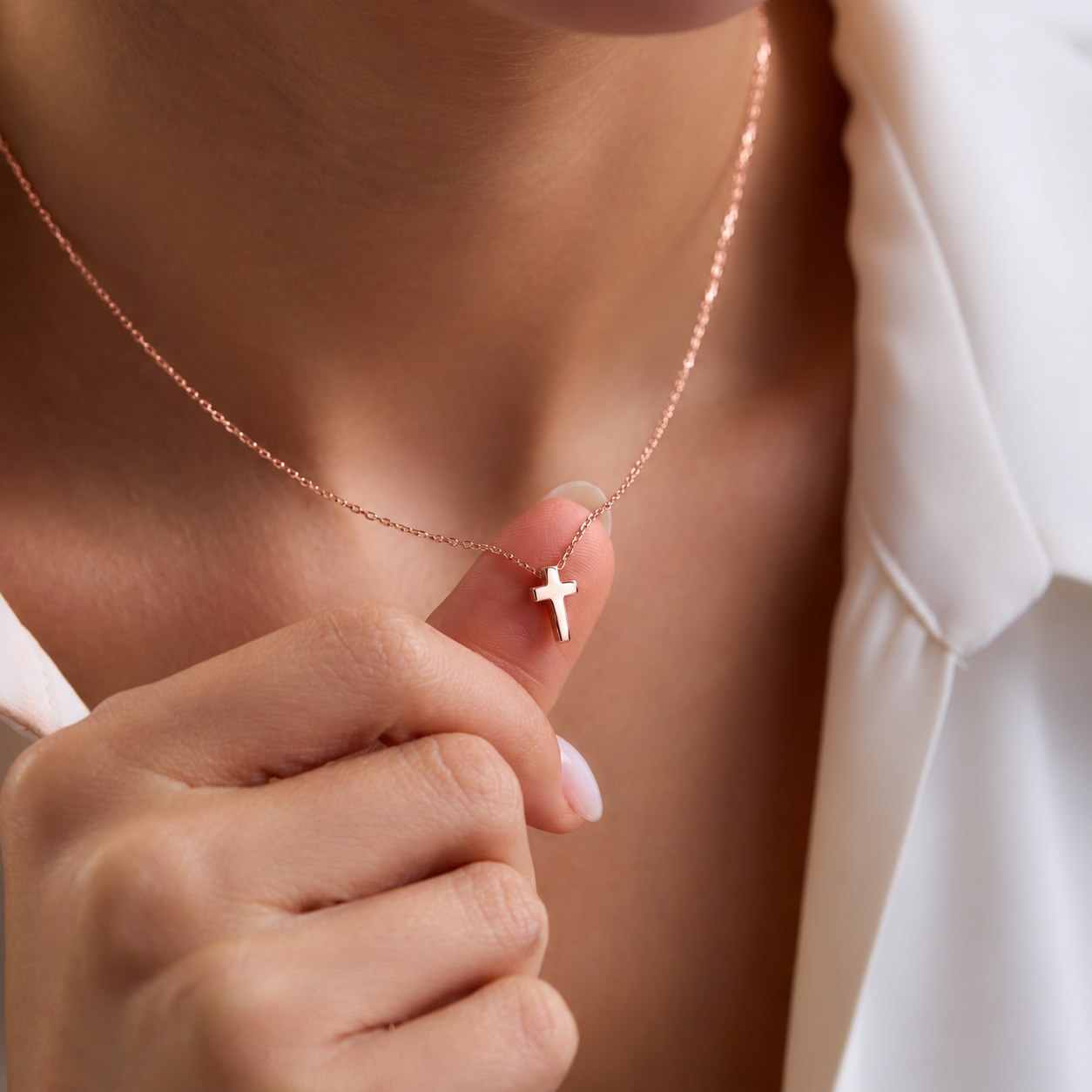 Dainty cross pendant necklace in rose gold, held on a fingertip